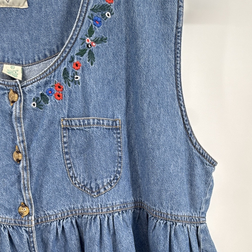 VTG denim maxi dress womens 3XL embroidered pockets grandmacore 90s mom folk - Picture 6 of 10